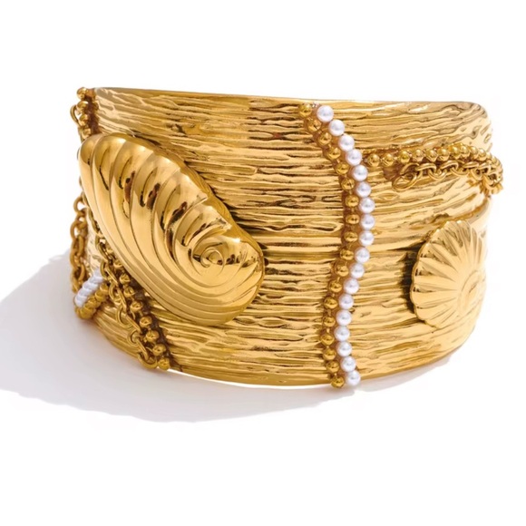 Anthropologie Gold Textured Cuff Bracelet with Pearl Detail - Picture 3 of 16